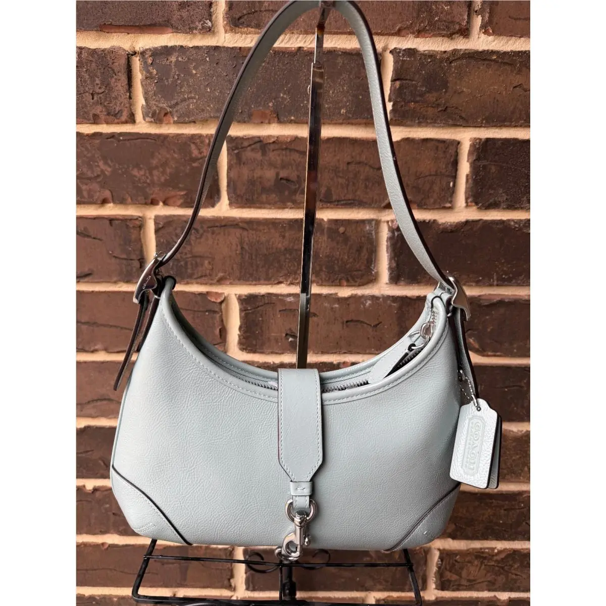 Coach Hamptons Hobo Shoulder Bag Crinkle Patent Leather CAN33 Light Blue