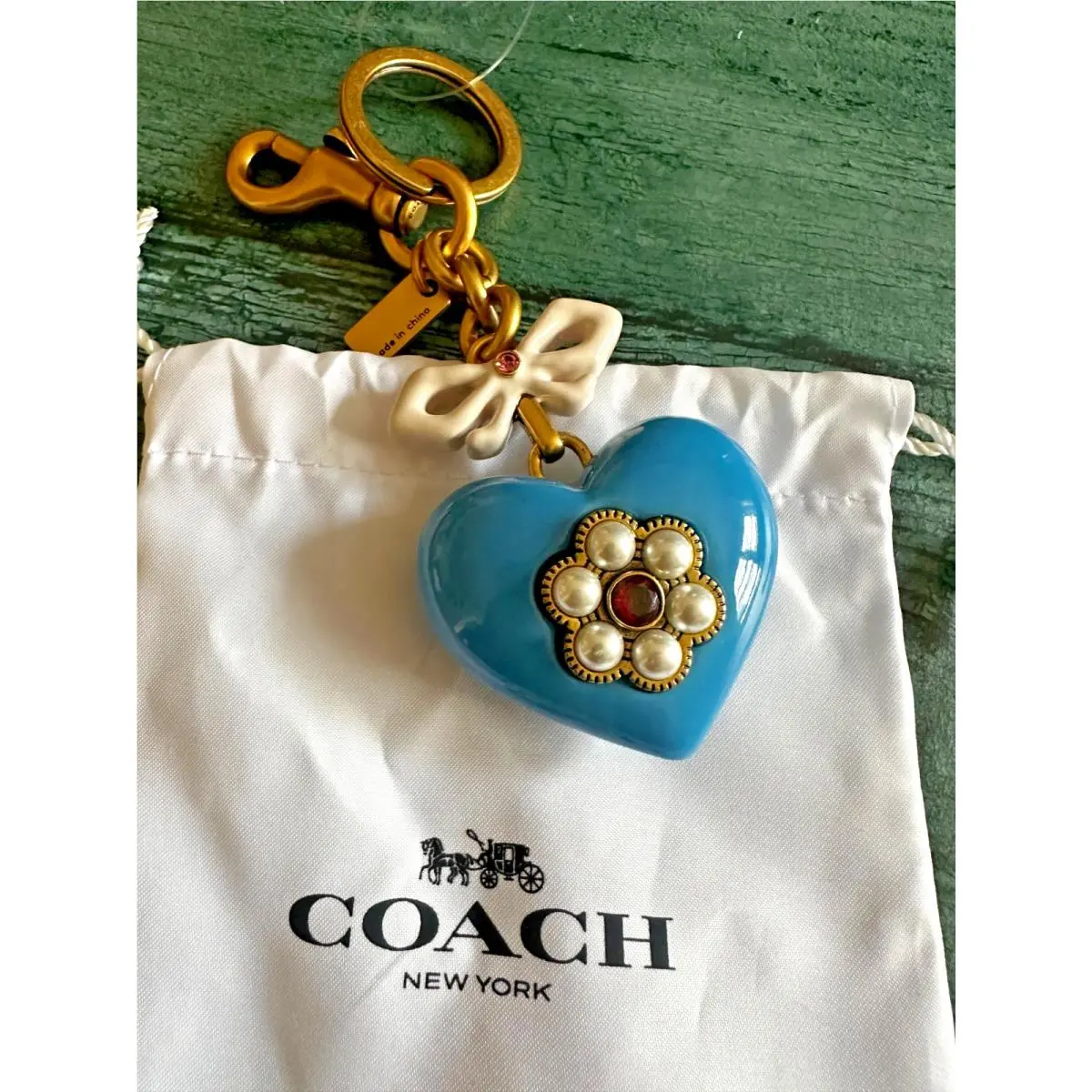 Coach Resin Heart Bag Charm Keychain Brass/blue Multi