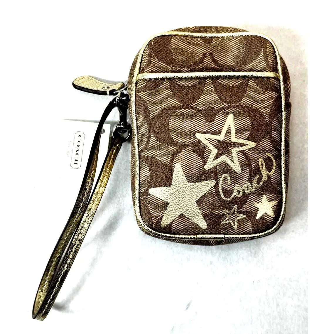 Vtg Coach Signature Gold Heritage Star Wristlet Pouch Wallet