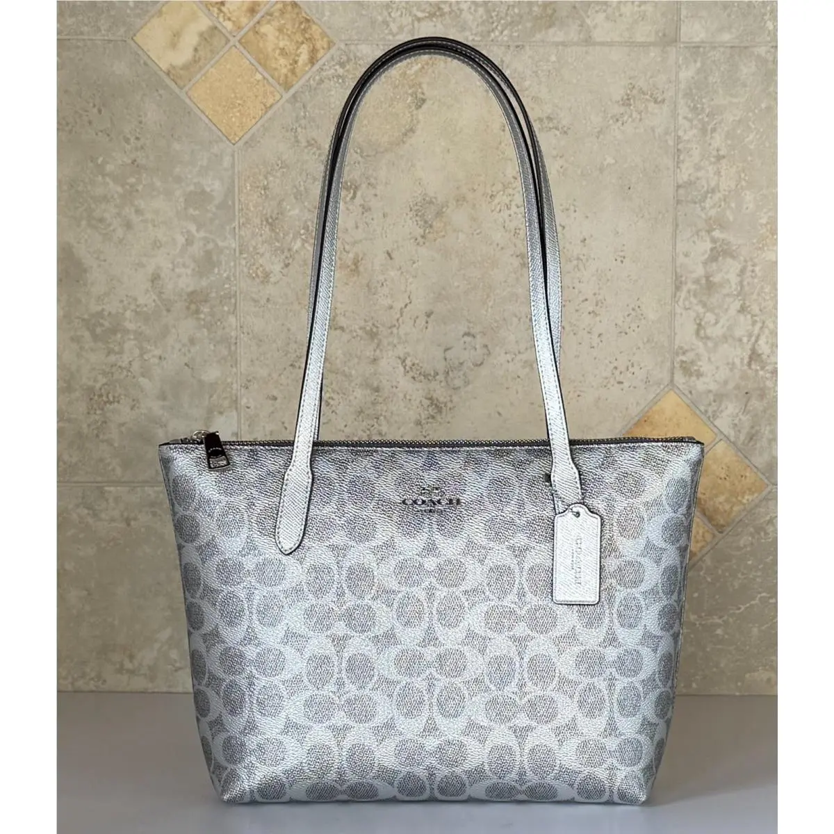 Coach Fiona Signature CC Small Zip Tote Shoulder Bag Metallic Gray Silver