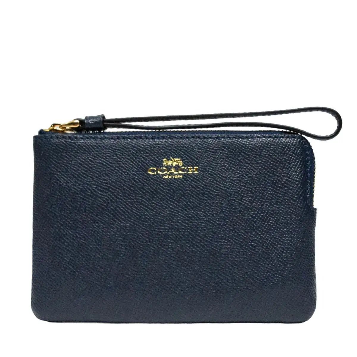 Women`s Wallet Coach Corner Zip Wristlet Cross-grained Leather Midnight Blue