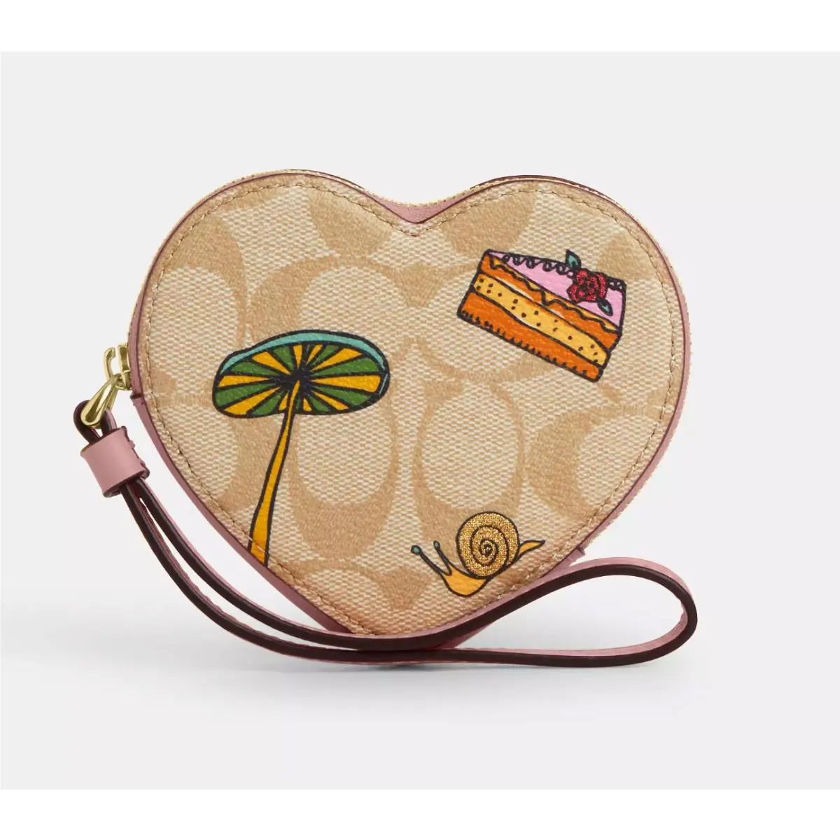 Coach X Observed By Us Heart Coin Case Small Wristlet CU405 LT Khaki LT Pink