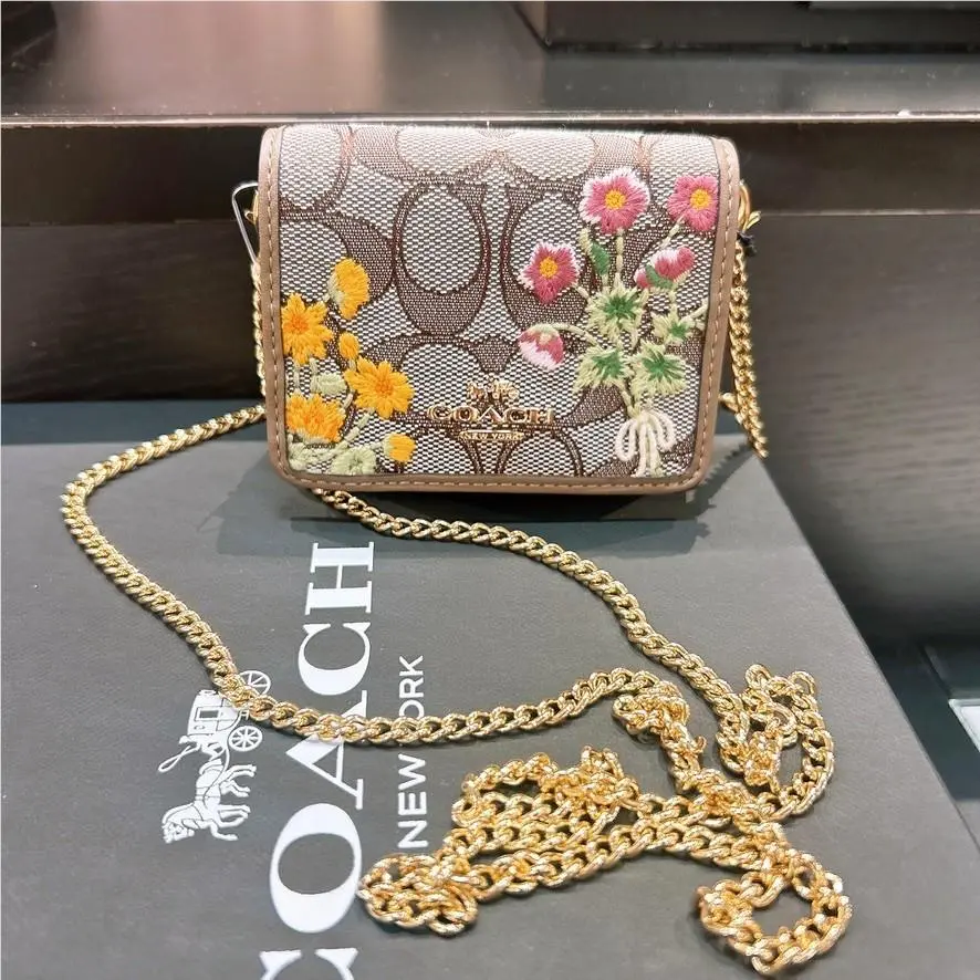 Coach Mini Wallet On A Chain In Floral Embroidery CEF60 with Crossbody Strap