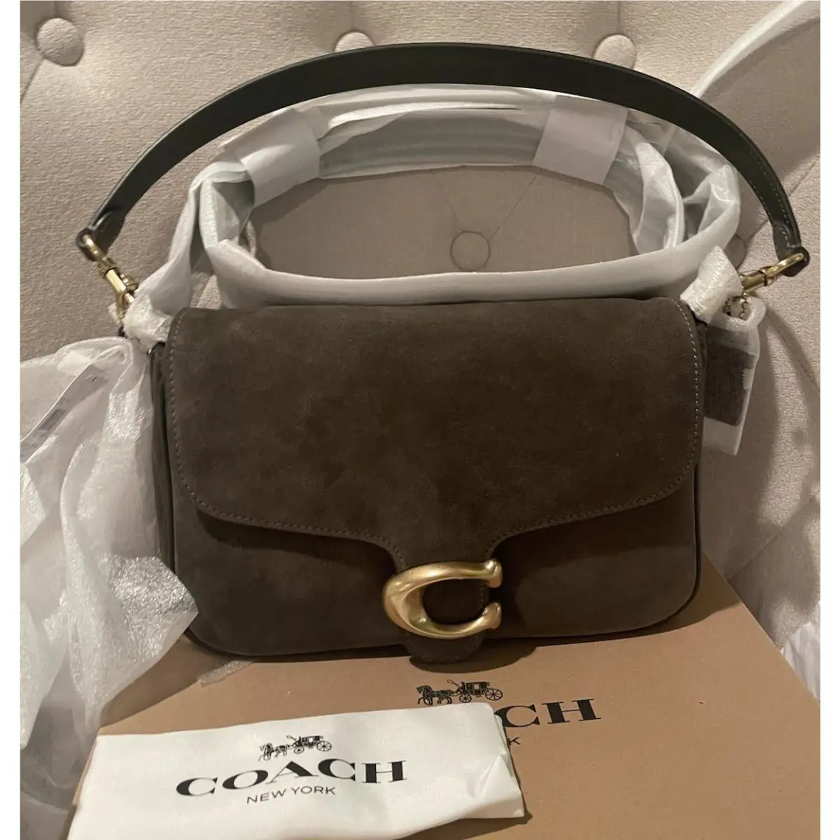 Coach Tabby Soft Suede Shoulder Bag In Olive /brass and All Packaging
