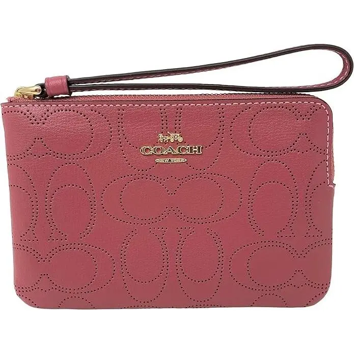 Coach Small Wristlet Corner Zipperforated Signature Leather Rouge Pink