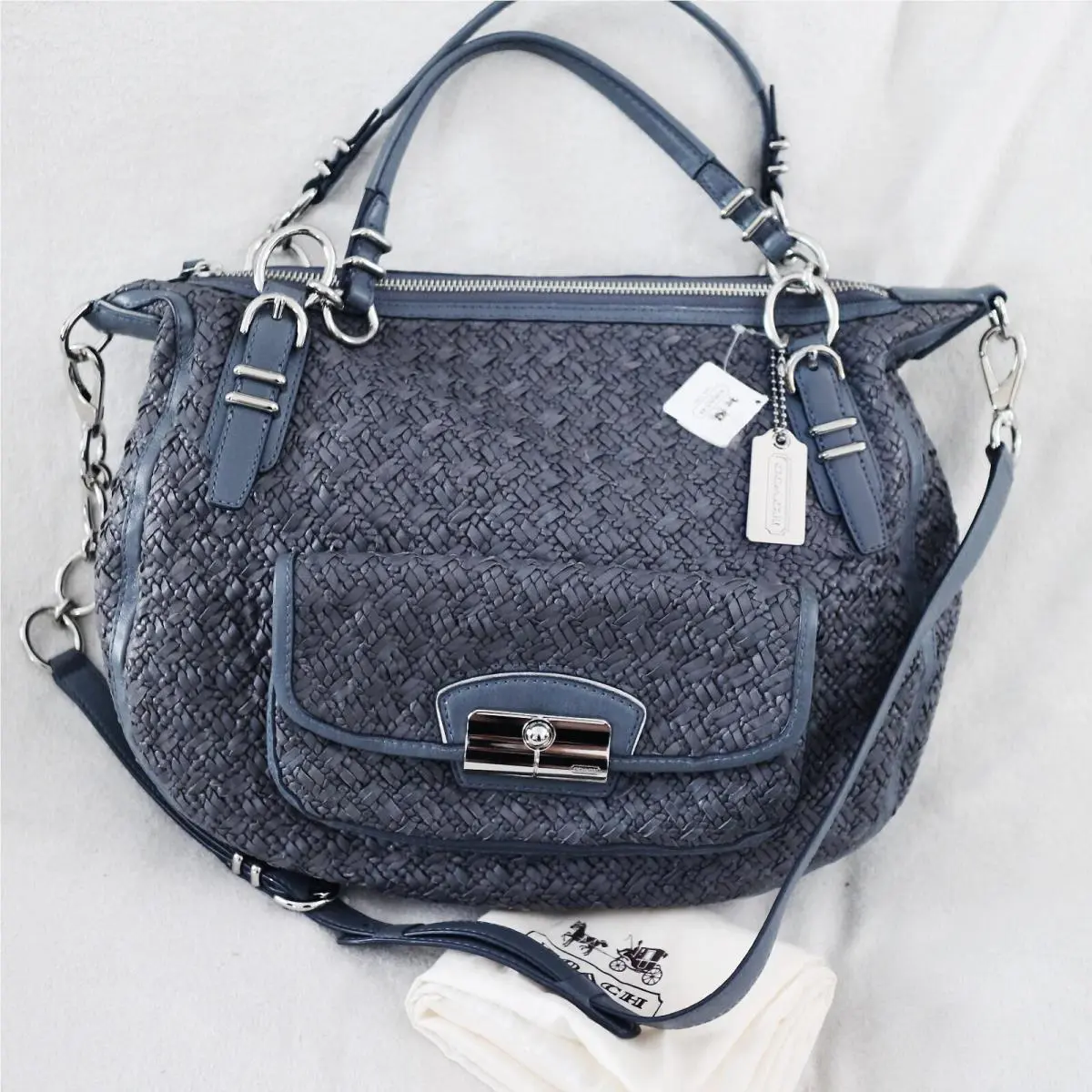 Coach Kristin Pinnacle Woven Leather Blue Slate Satchel Shoulder Bag