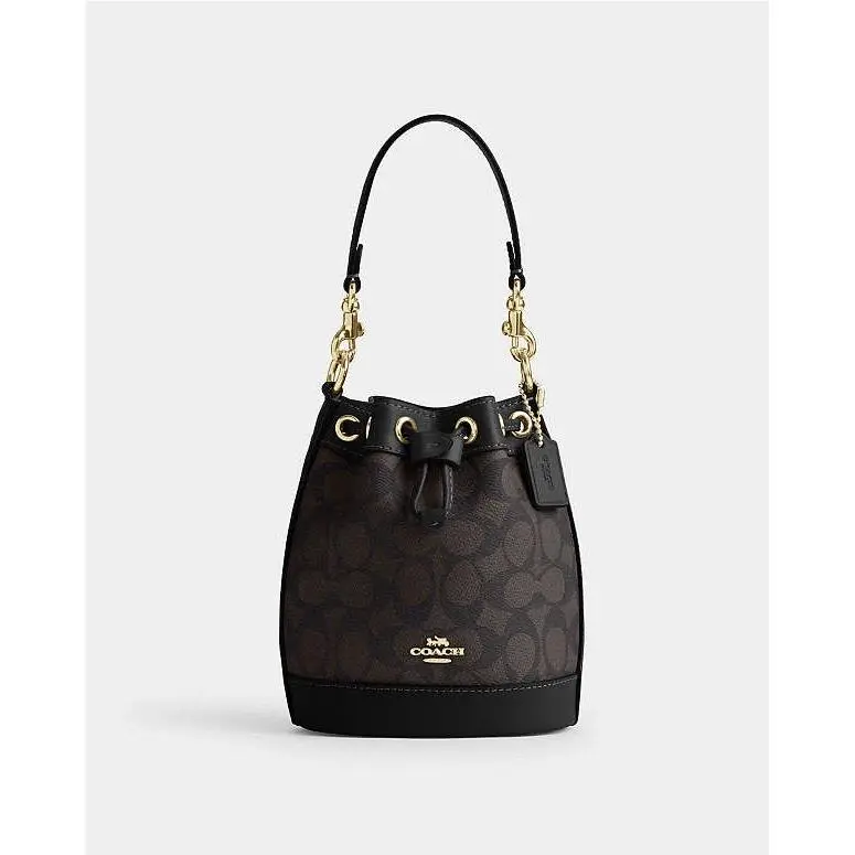 Coach Mini Bucket Walnut/black Leather Drawstring Bag In Signature Canvas