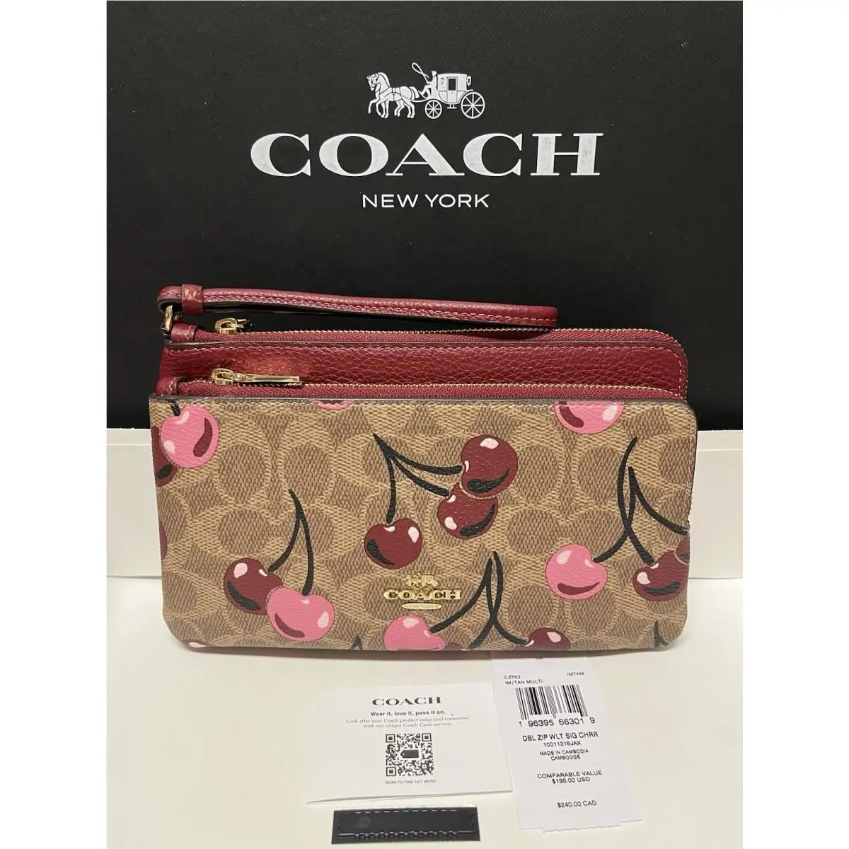 Double Zip Wallet Signature Canvas W/pink Red Cherry Print CZ763 by Coach