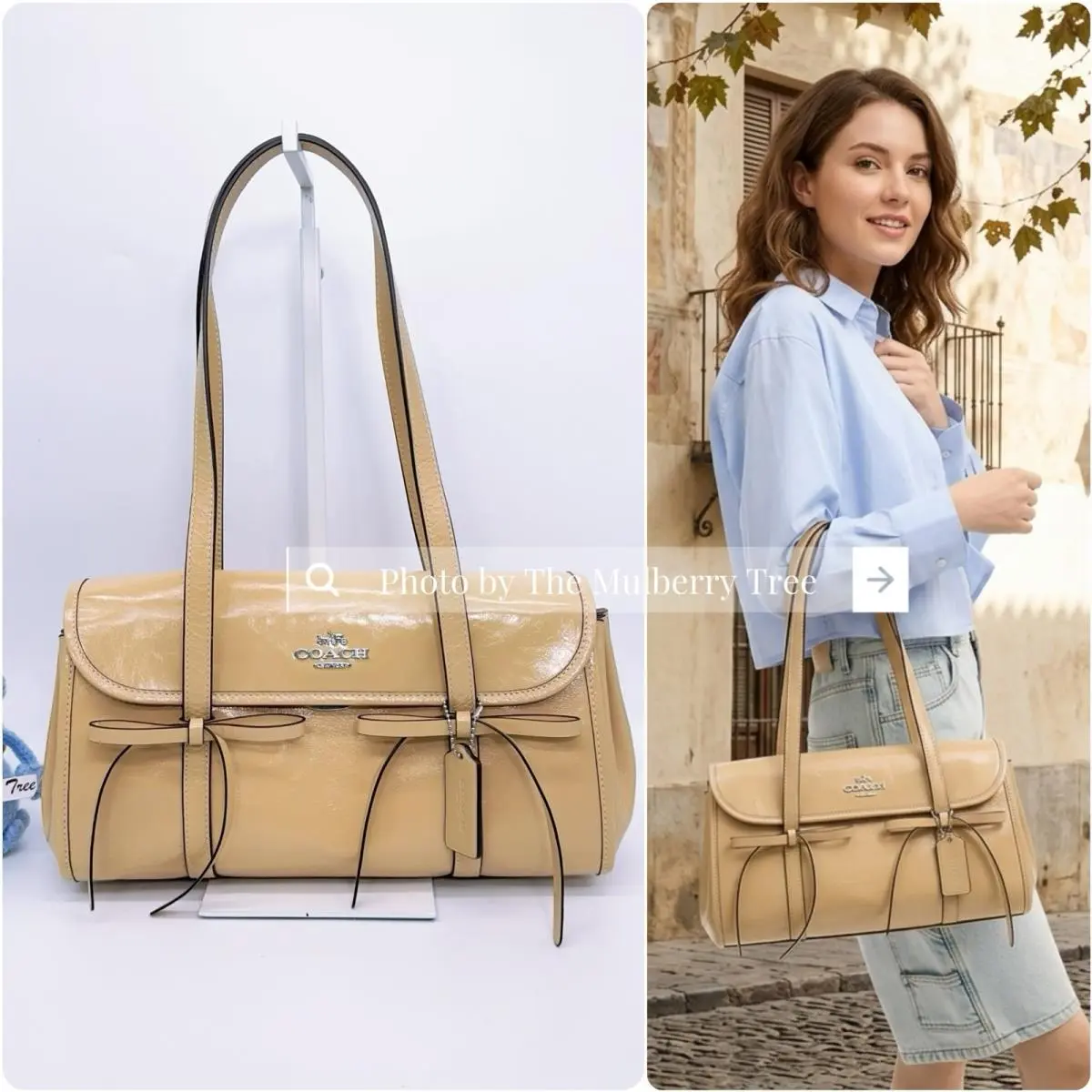 Coach CDY94 Bridget Flap Shoulder Bag with Bows Silver Light Sand Shiny Leather