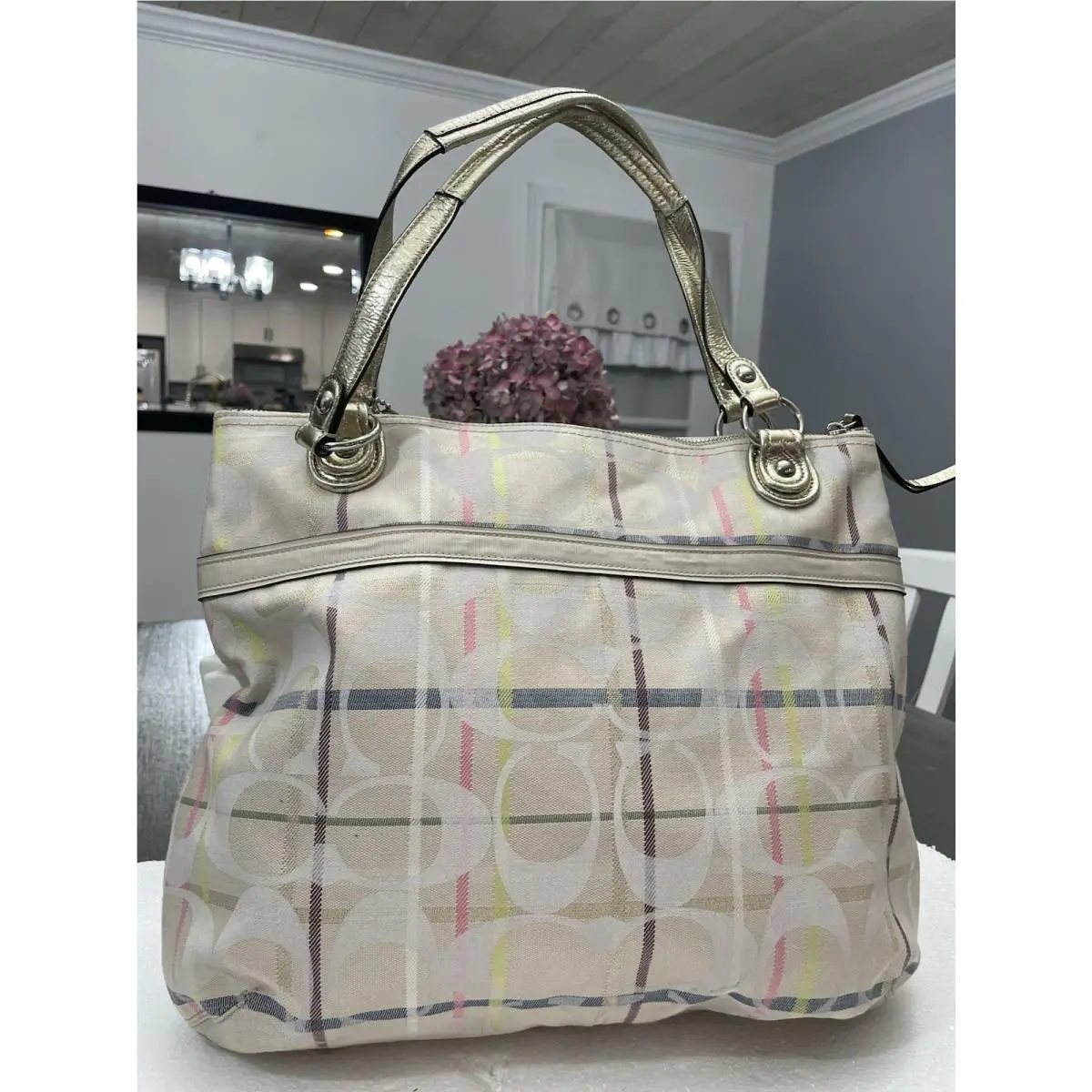 Coach Poppy Signatureivory Gold Tattersall Sequinedglam Tote Purse