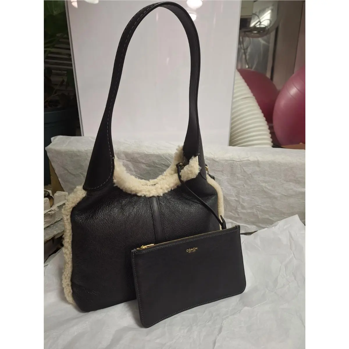 Coach Brooklyn Shoulder Bag 28 In Shearling Black Leather with Pile