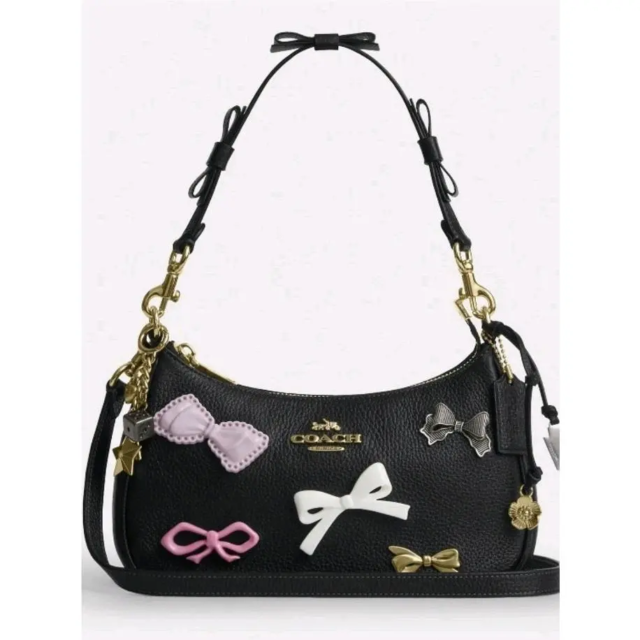 Coach CDY93 Teri Shoulder Bag with Bows and Charms Pebble Leather Black