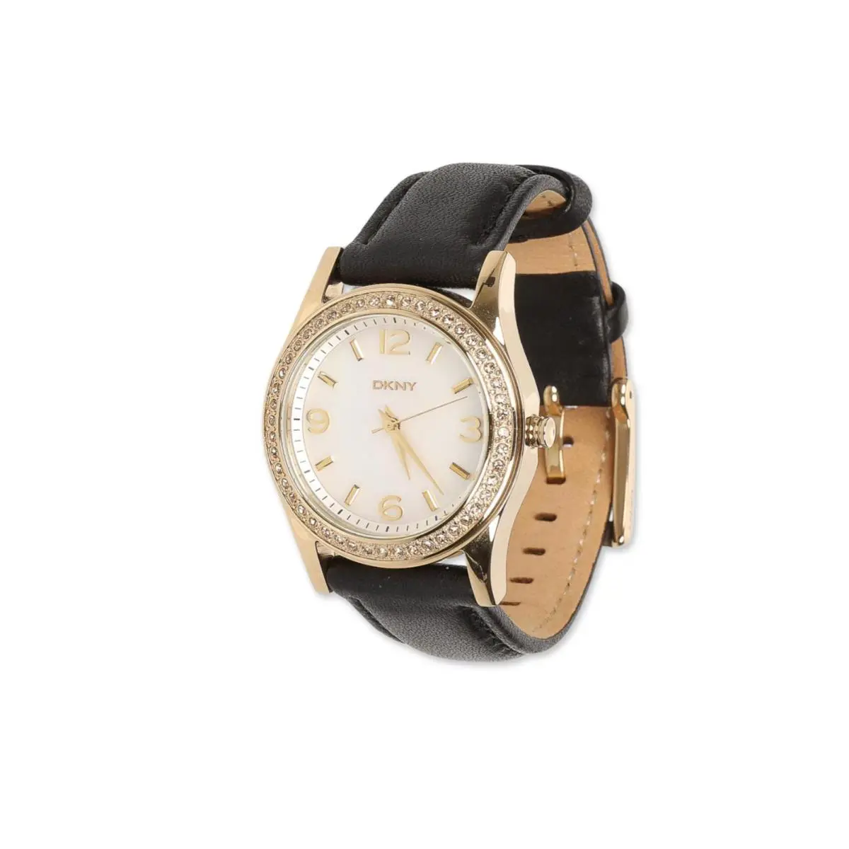 Dkny 302423 Women`s Glitz Mother-of-pearl Dial Gold-tone Black Leather NY8368 - Black, Dial: White, Band: Black