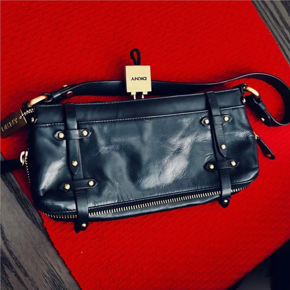 Vintage Dkny Donna Karan Small Black Leather Clutch Bag with Gold Detailing