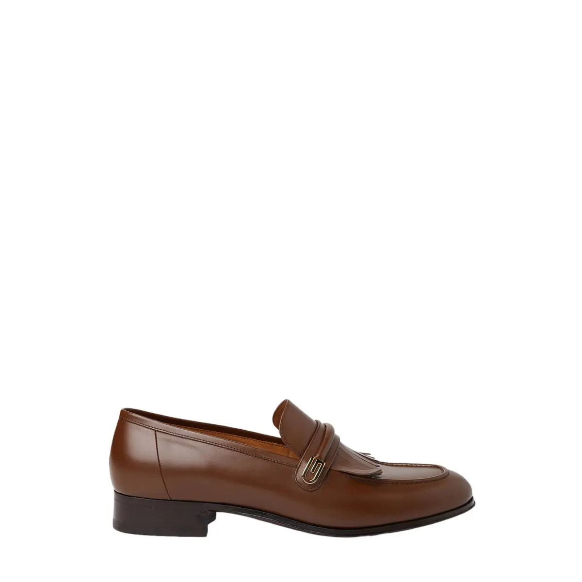 Men`s Gucci Brown Leather Mirrored G Fringed Loafers Dress Shoes