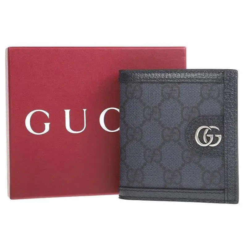 Gucci Ophidia GG Blue Dark Blue Canvas Leather Bifold Wallet W/box