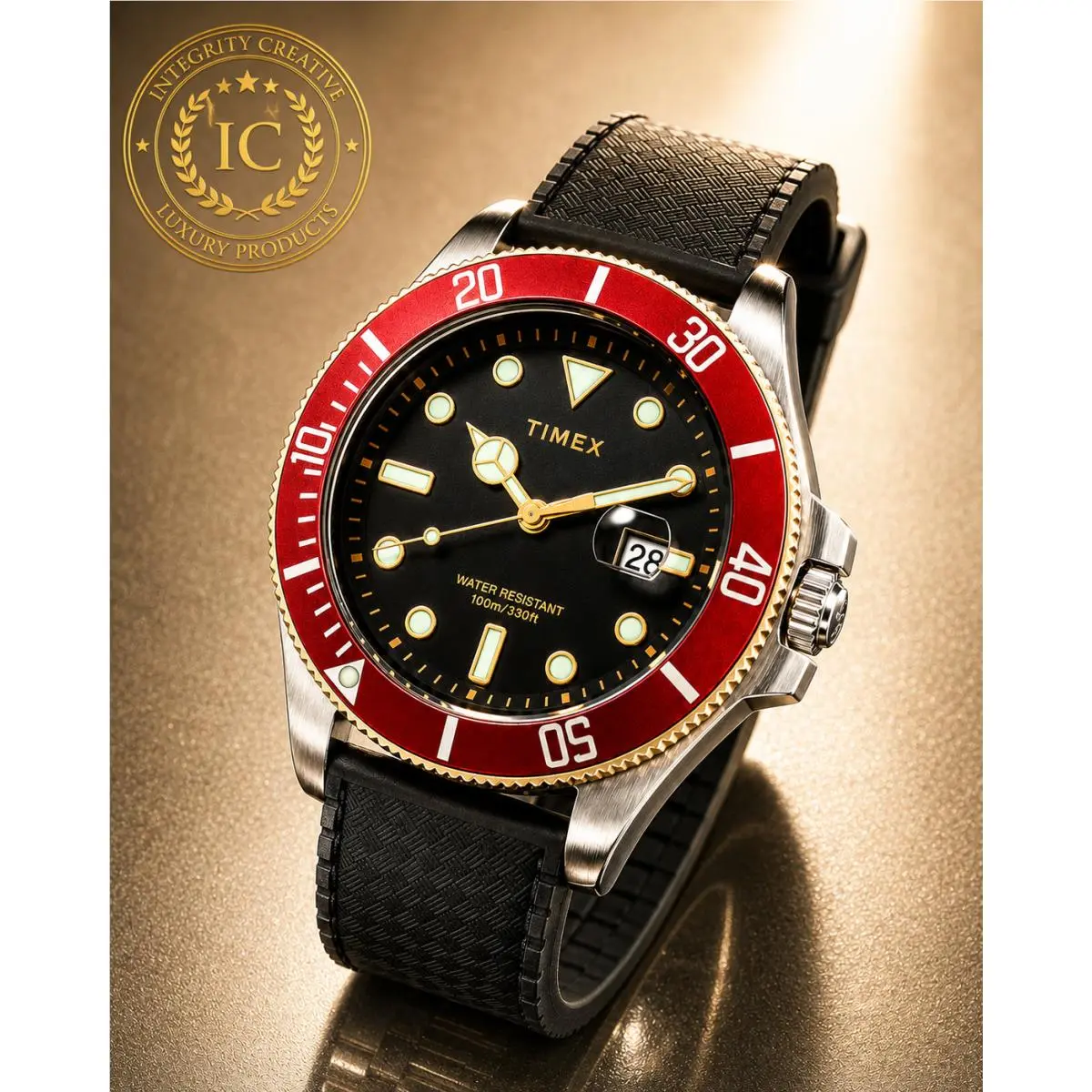 Men`s Analog Quartz Watch Black Dial Red Diver Besel Rubber Strap 43mm by Timex