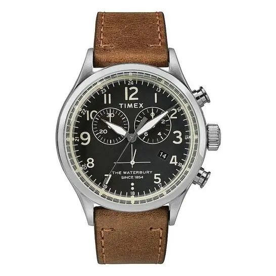 Timex Waterbury Quartz Black Dial Men`s Watch 42mm Leather Strap Indiglo 50M WR