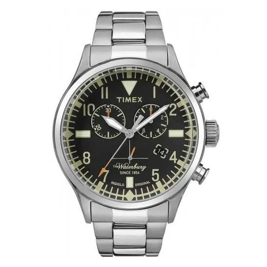 Timex Waterbury Chronograph Black Dial Men`s Watch TW2R24900 Indiglo 42M