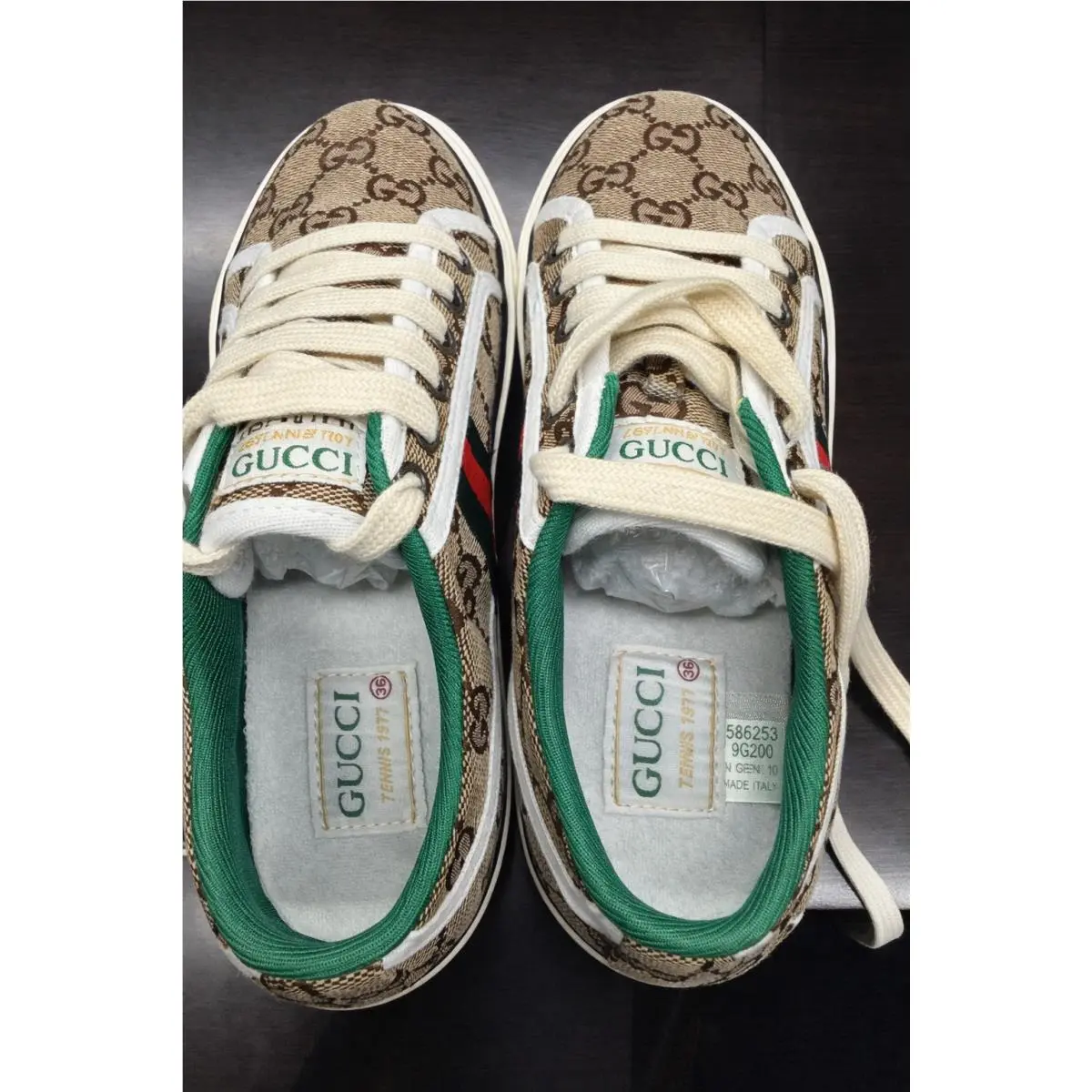 Gucci Tennis 1977 Men`s Sneakers Brown Logo Canvas Low Top Green Red Stripe