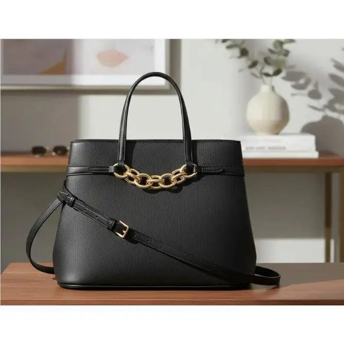 Calvin Klein Bucket Tote Convertible Crossbody Black Leather Gold Chain Handbag