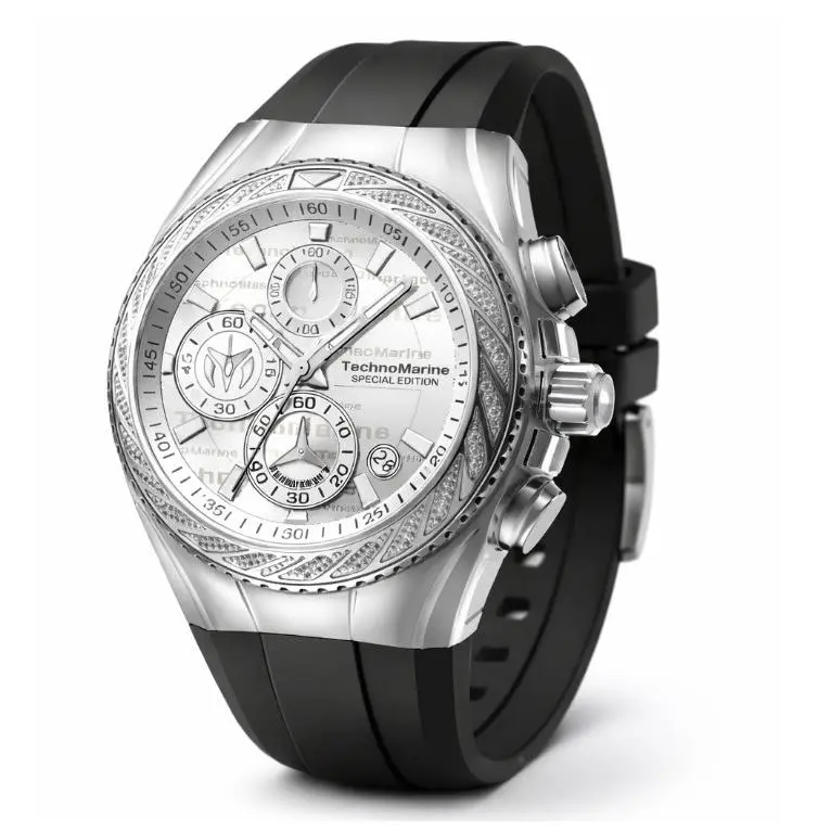 Technomarine Cruise Glitz Crystals 45mm Men`s Chronograph Silver Black TM-125014 - Dial: Black, Gray, Silver, Band: Black, Bezel: Gray, Silver, White
