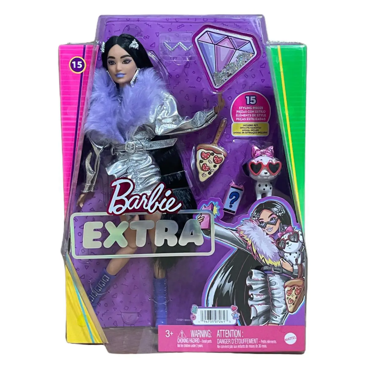 Barbie Extra Fashion Doll 15 Very Long Black Straight Hair Dalmatian Pup