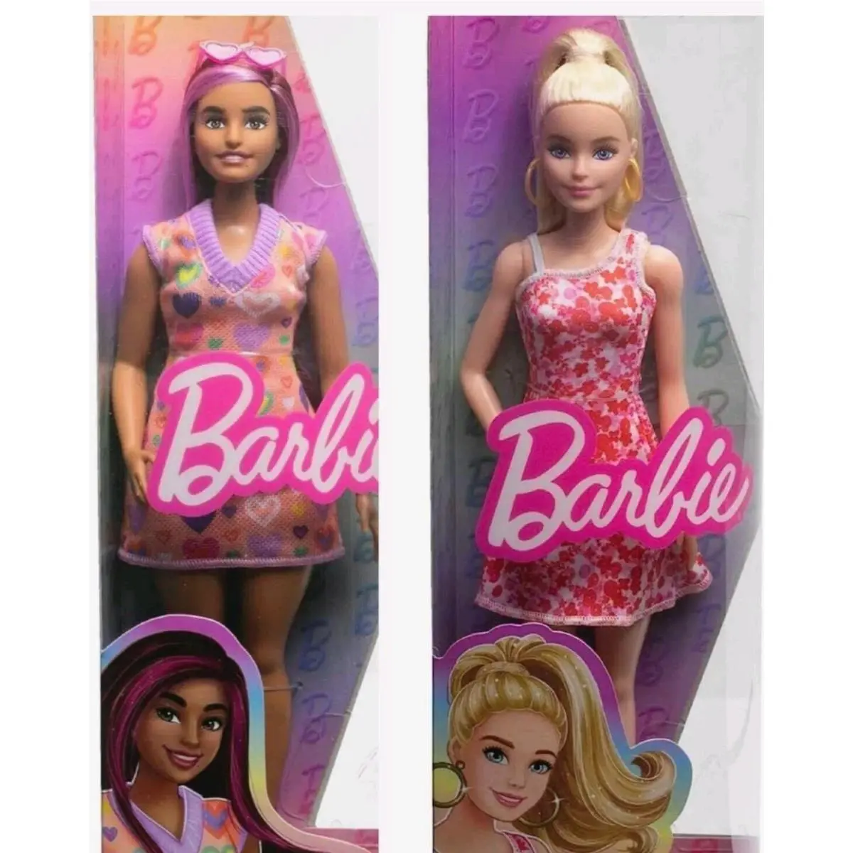 2 Barbie Fashionistas Doll 205 Blonde Ponytail Red Floral 207 Sweater Dress