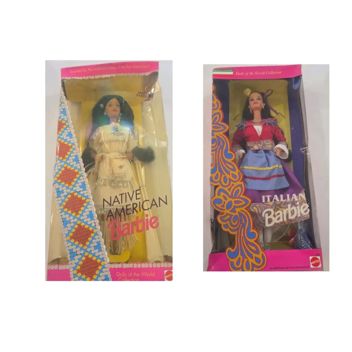 2pcs Vintage 1992 1993 Mattel Dolls of The World “italian Barbie”native American