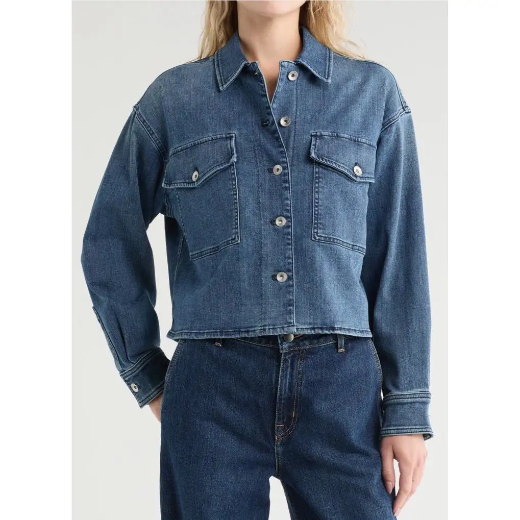 Rag Bone L Large Jayde Shirt Jacket Denim Jean Cotton Blend Crop Bomber