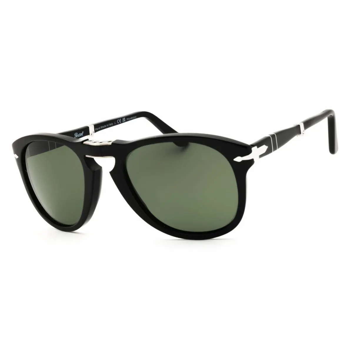 Persol Folding PO 0714 95/58 Black Silver Green Polarized Lens Sunglasses 54mm - Black, Frame: Black, Lens: Green Polarized