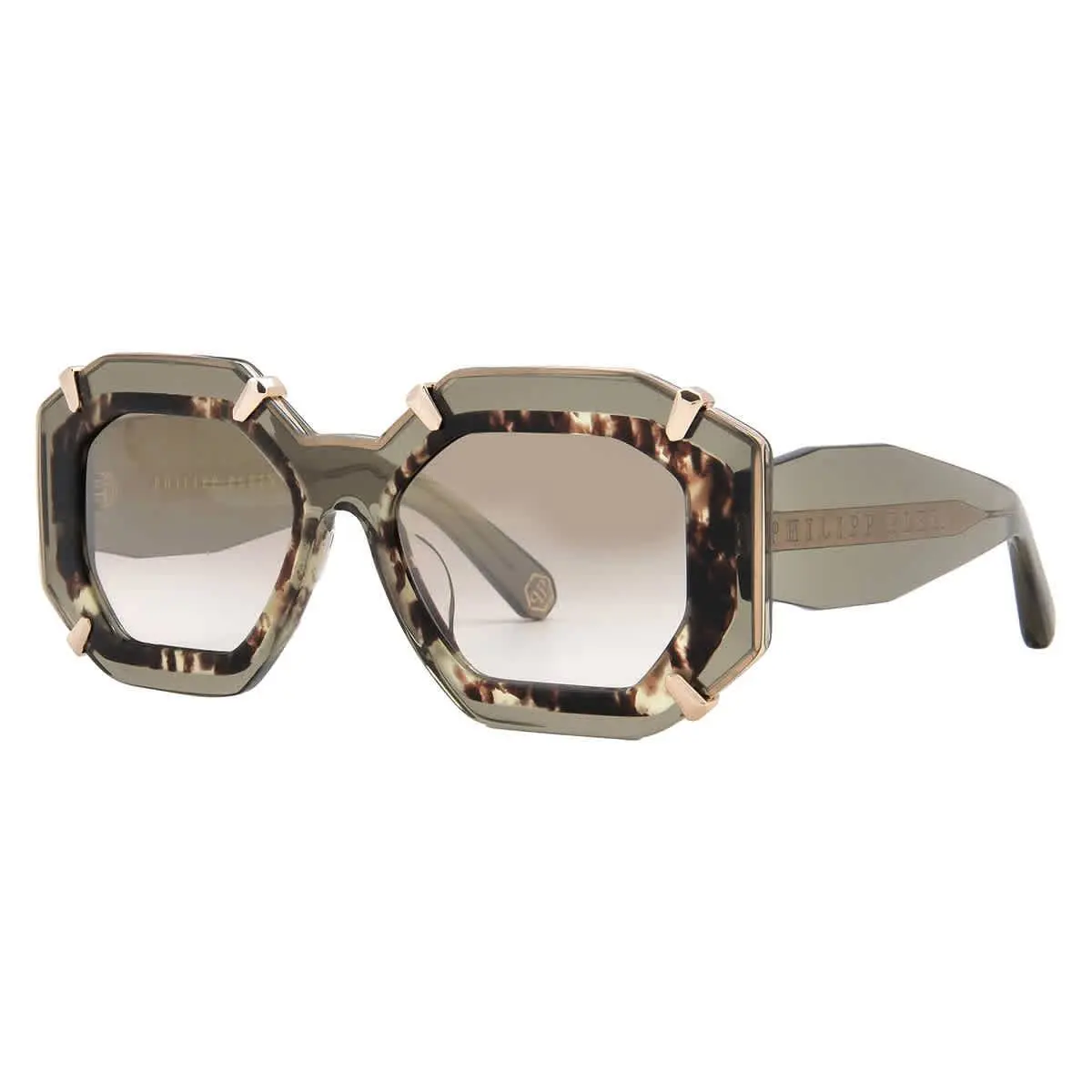 Philipp Plein Brown Gradient Geometric Ladies Sunglasses SPP098V G61G 53 - Gold, Frame: Gold, Lens: Brown
