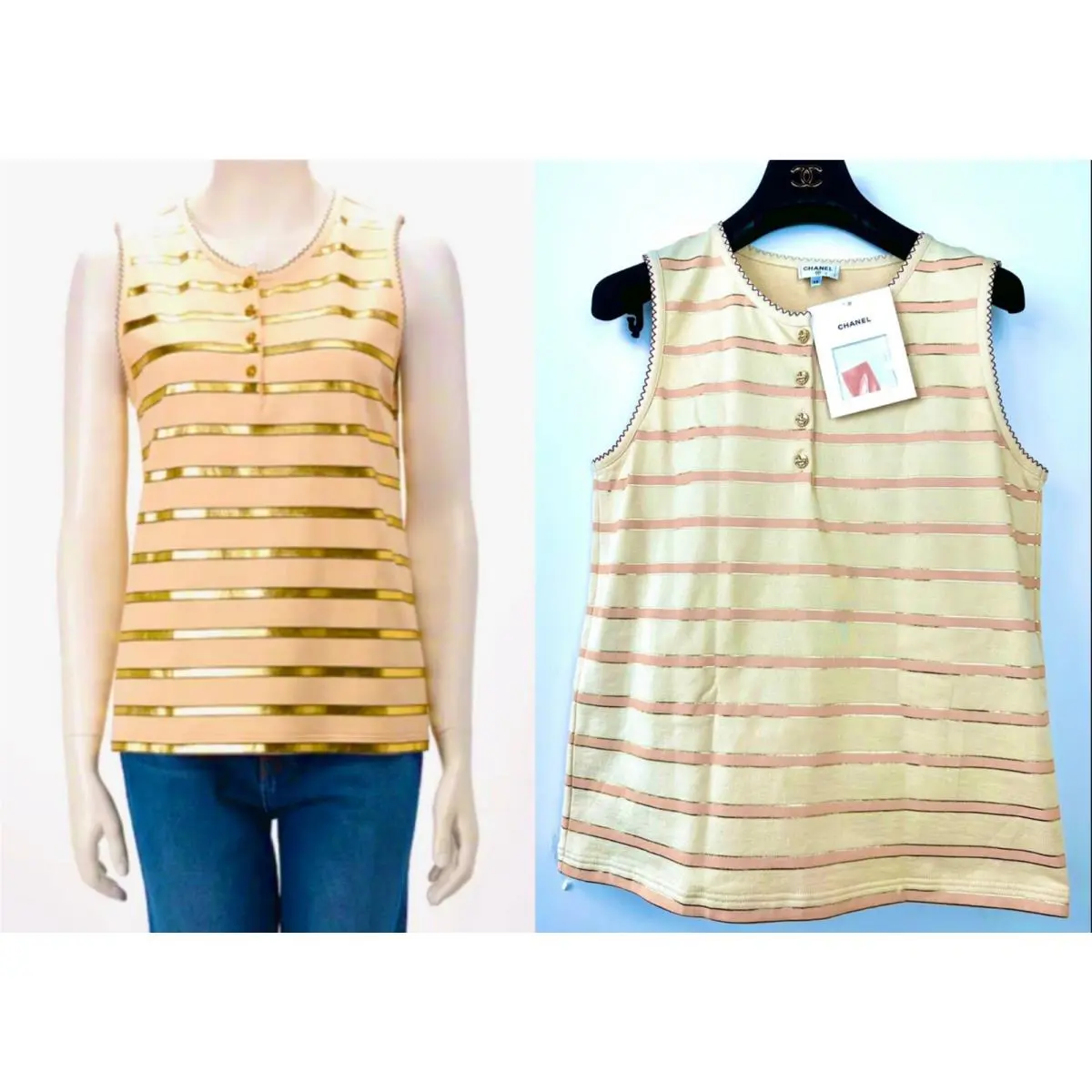 4K Chanel 2018 Gold Stripe Sweater Top 36 38 4 6 Shirt Tank Logo Button S M