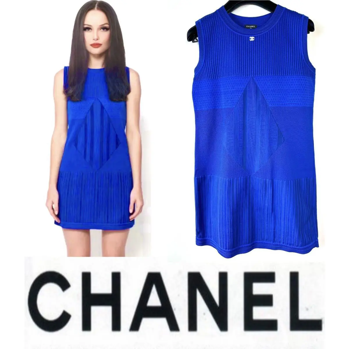 4K Chanel 2013 Royal Blue Mini Shift Dress 34 36 2 4 White CC Logo S M