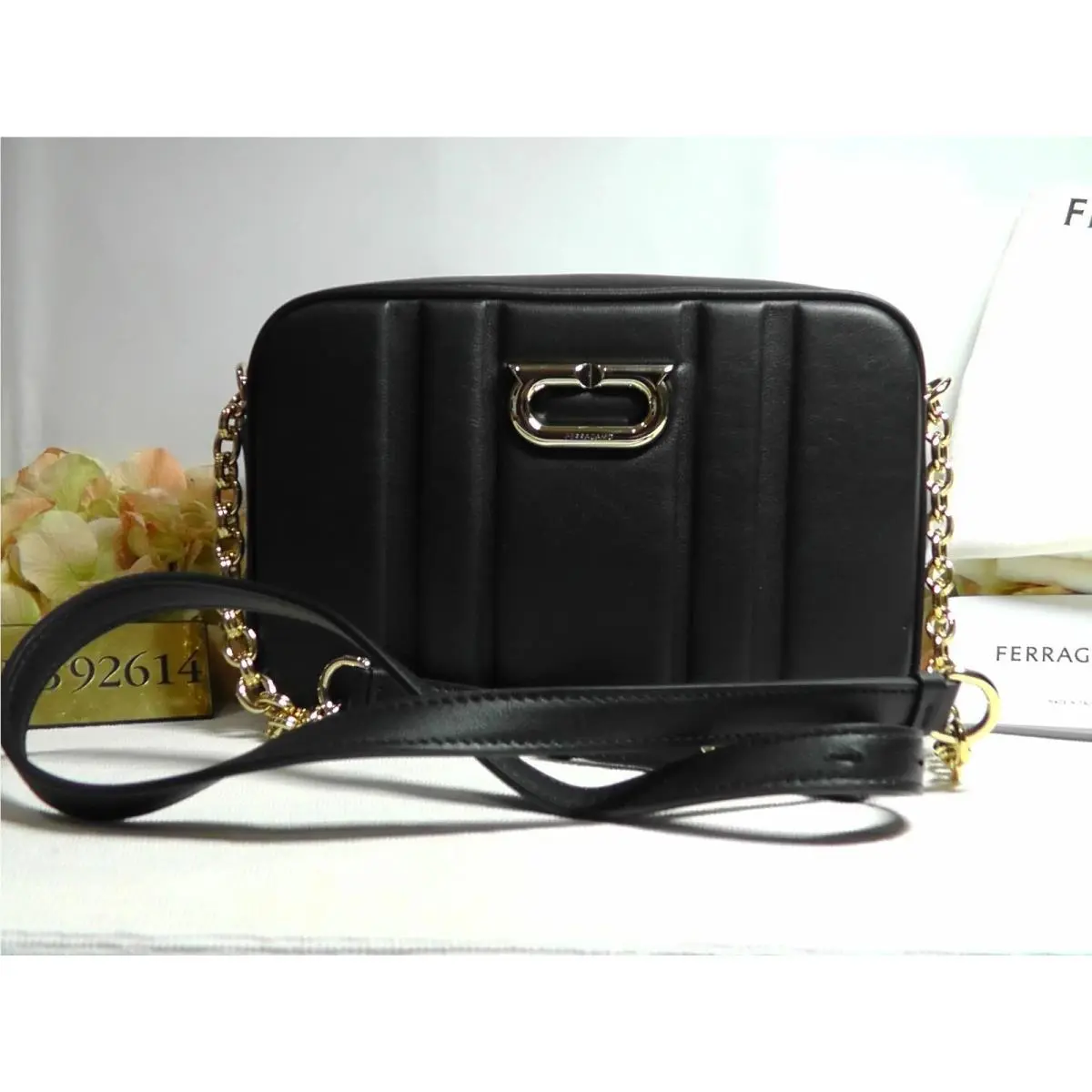 Salvatore Ferragamo Black Embosse Quilted Leather Camera Crossbody Bag