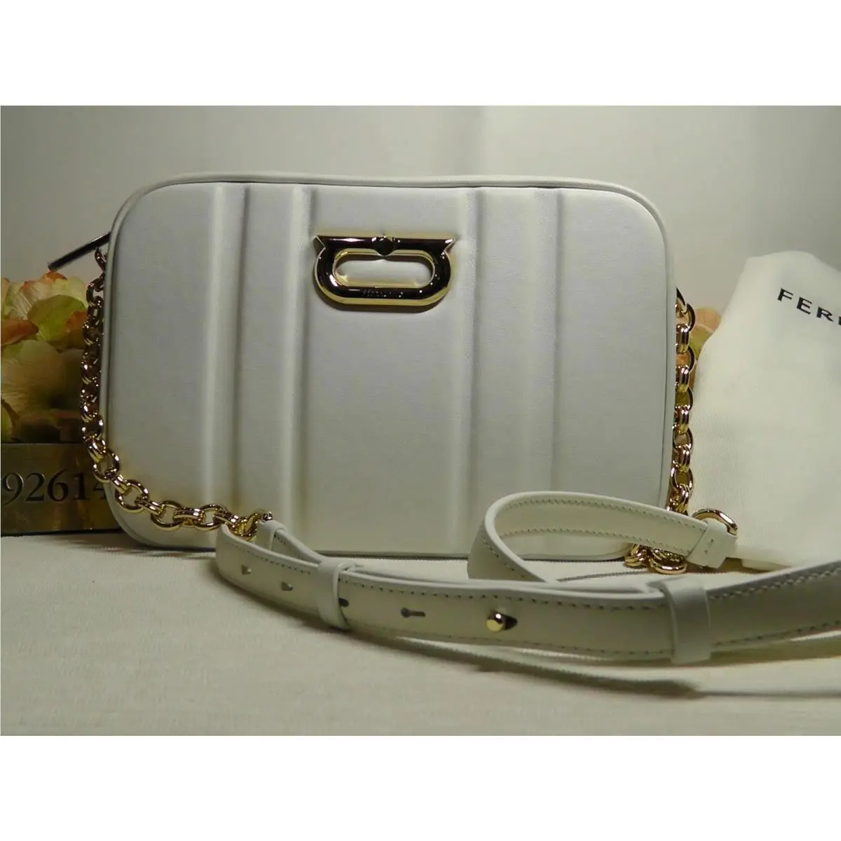 Salvatore Ferragamo Optic White Embosse Quilted Leather Camera Crossbody Bag