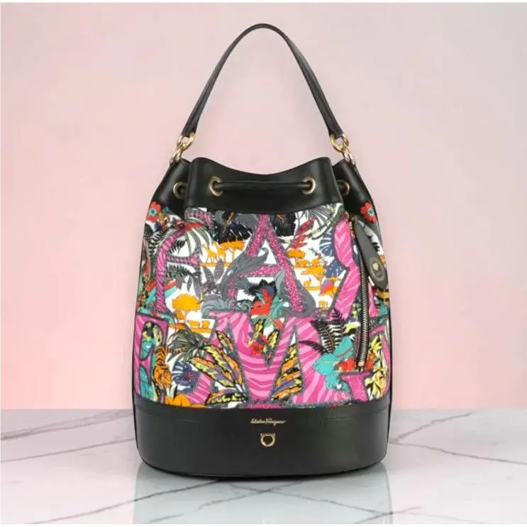 Salvatore Ferragamo Gancini Safari Nylon Leather Bucket Backpack