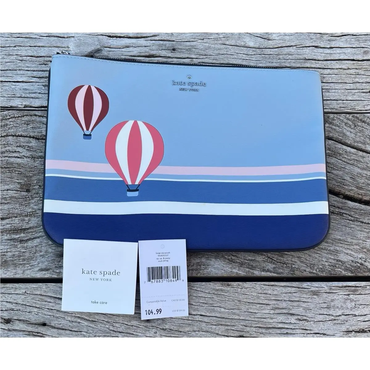 Kate Spade Up up and Away Hot Air Balloon Large Zip Pouch Blue Multi Leather
