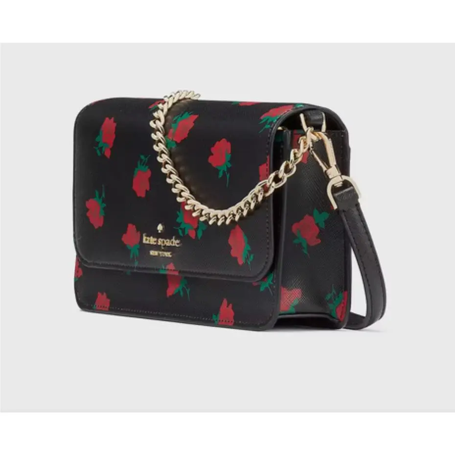 New Kate Spade Madison Ditsy Rose Small Flap Crossbody Bag KE643 Black