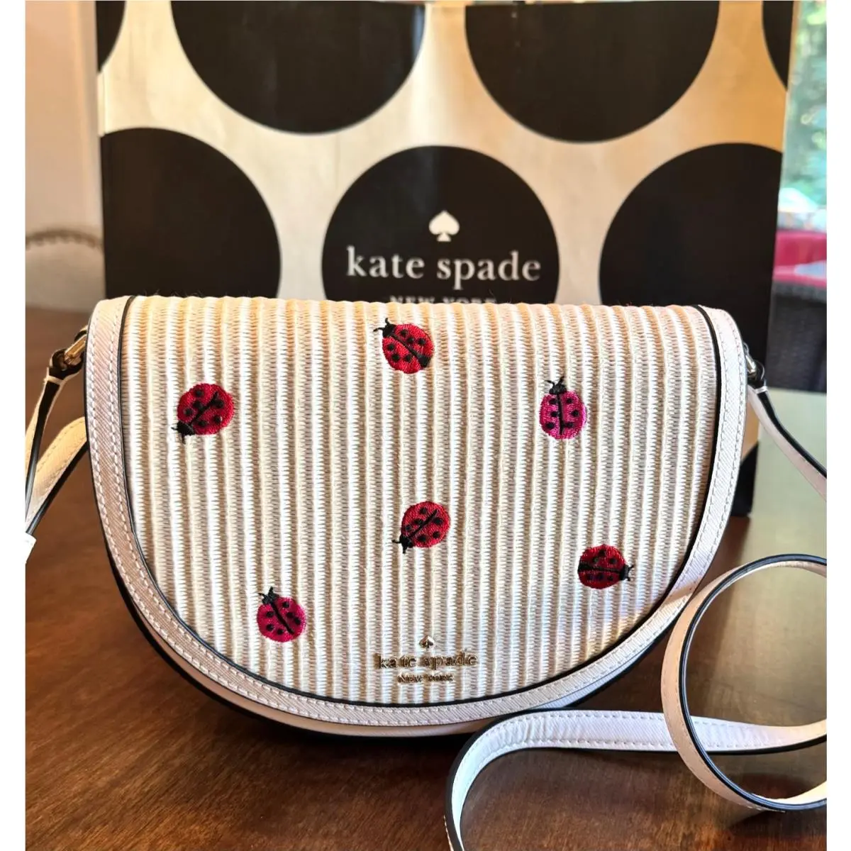 Kate Spade Luna Crescent Ladybug Crossbody Straw Embroidered KA736
