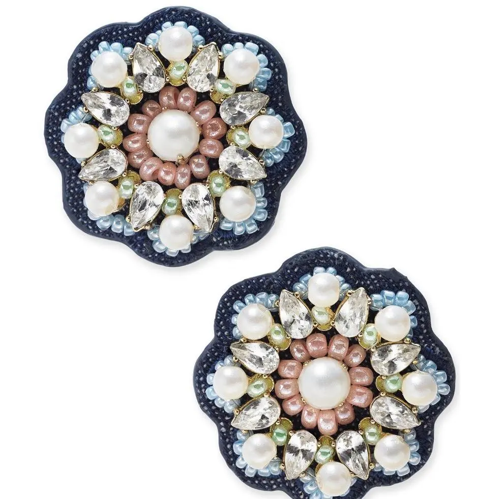 Kate Spade Gold Desert Garden Denim Blue Leather Flower Jeweled Earrings SK