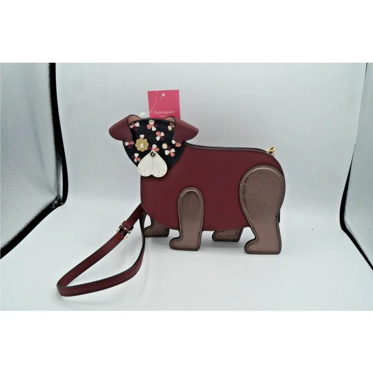 New Kate Spade Dog Crossbody Bag Floral Pup Cherry Wood WKRU6239 Puppy Shape