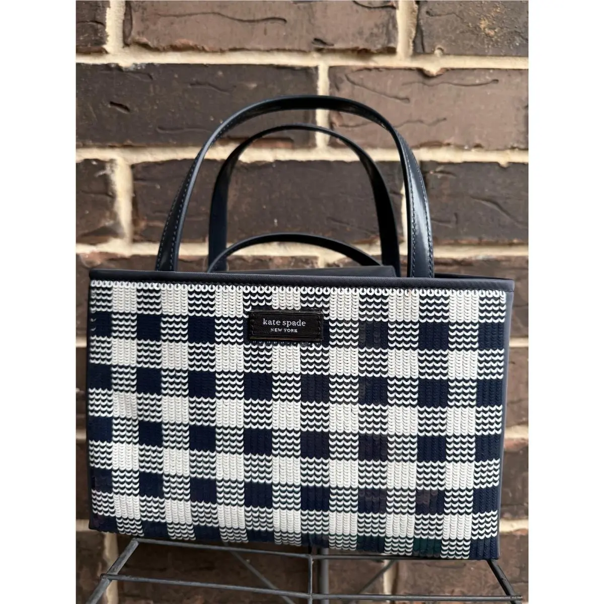Kate Spade NY Sam Icon Gingham Sequin Small Tote Blazer Blue White