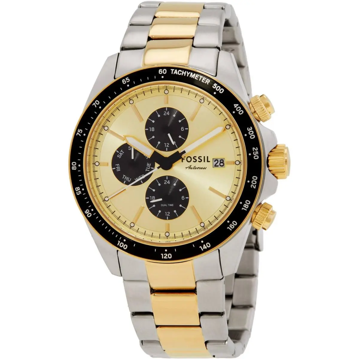 Fossil Men`s Watch Autocross Gold Dial Two Tone Stainless Steel Bracelet FS6126 - Dial: Gold, Band: Yellow