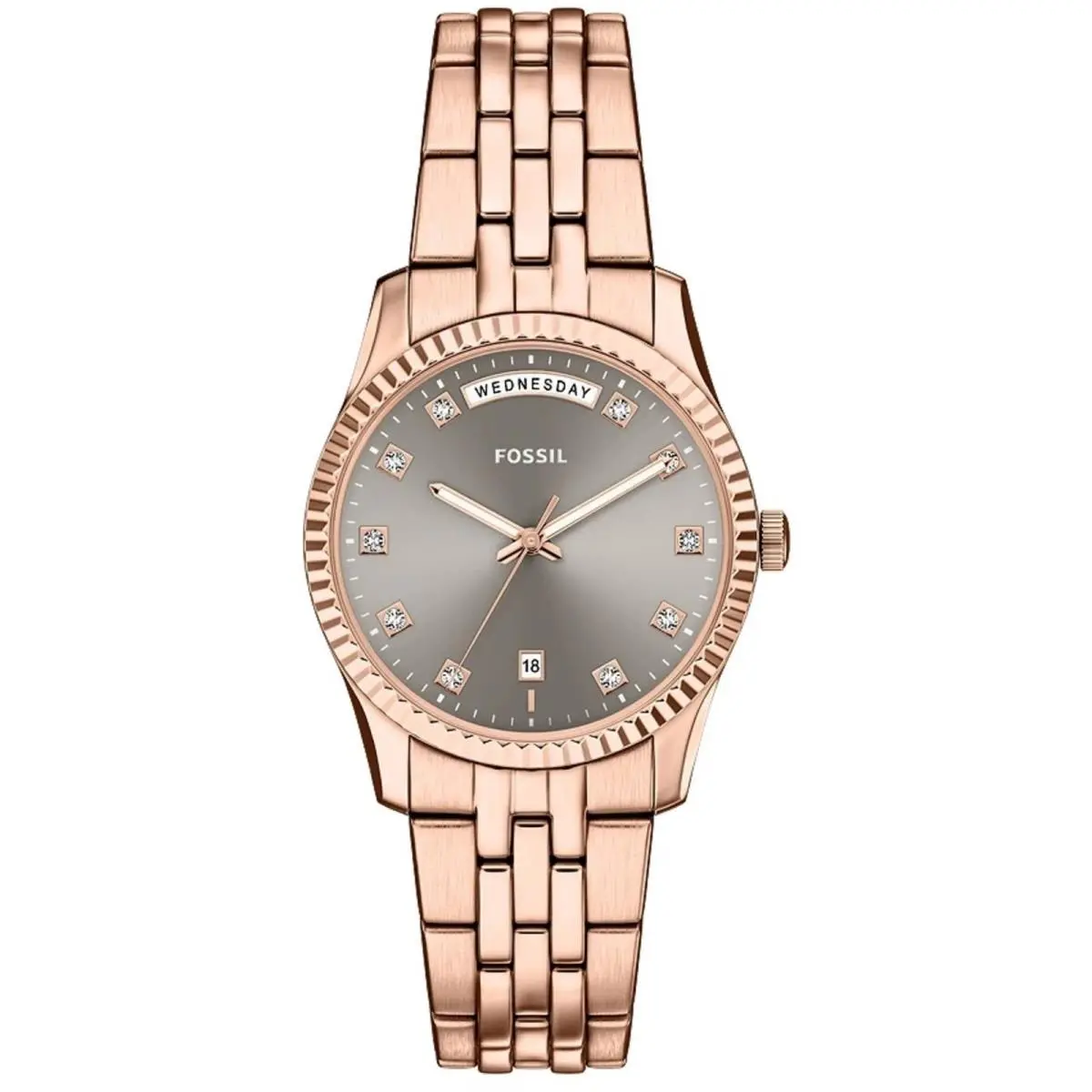 Fossil Women`s Watch Scarlette Day-date Grey Dial Rose Gold Bracelet ES5459 - Dial: Grey, Band: Rose