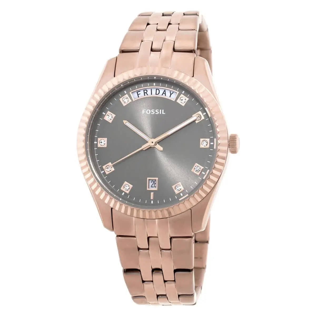 Fossil Scarlette Day-date Quartz Gray Dial Ladies Watch ES5459 - Grey, Dial: Gray Sunray, Band: Rose Gold-tone