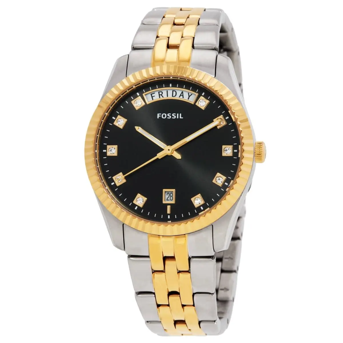 Fossil Scarlette Day-date Quartz Black Dial Ladies Watch ES5458 - Black, Dial: Black, Band: Two-tone (Silver-tone and Gold-tone)