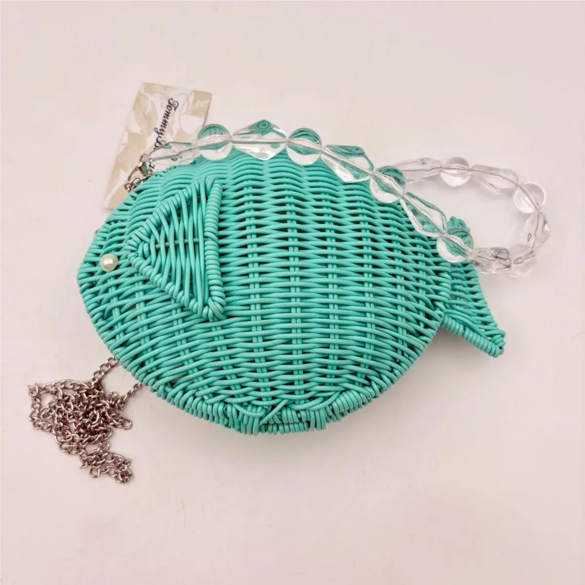 Tommy Bahama Turquoise Wicker Fish Crossbody Bag Novelty Pearl Detail
