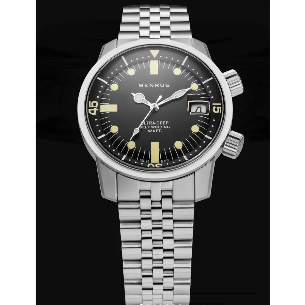 Benrus Ultra-deep 36.5mm Swiss Automatic Dive Watch Black Dial Ud-sa-bk-ss