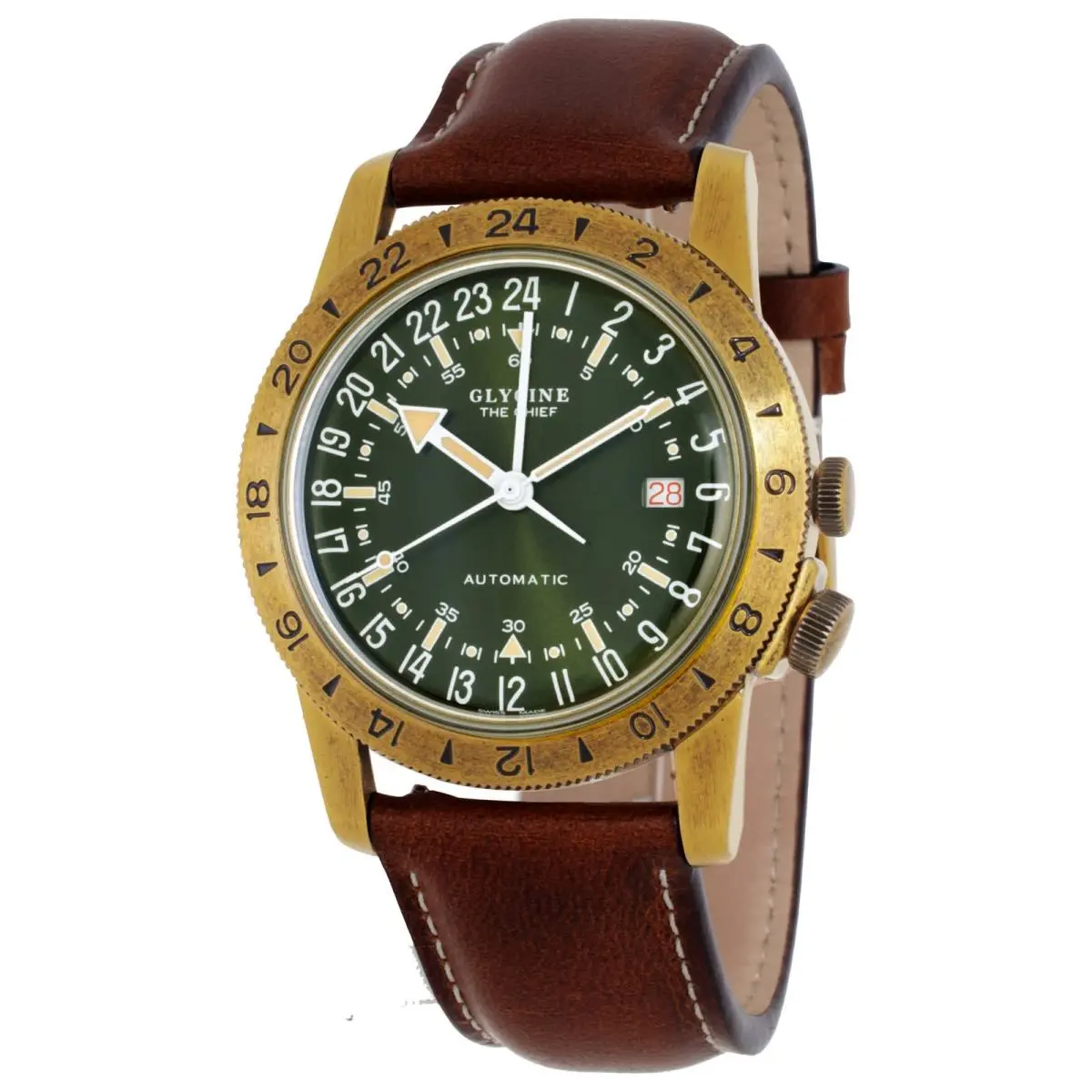 Glycine Airman Vintage The Chief Gmt Automatic Green Dial Men`s Watch GL0307 - Dial: Green, Band: Brown, Bezel: Antique Bronze